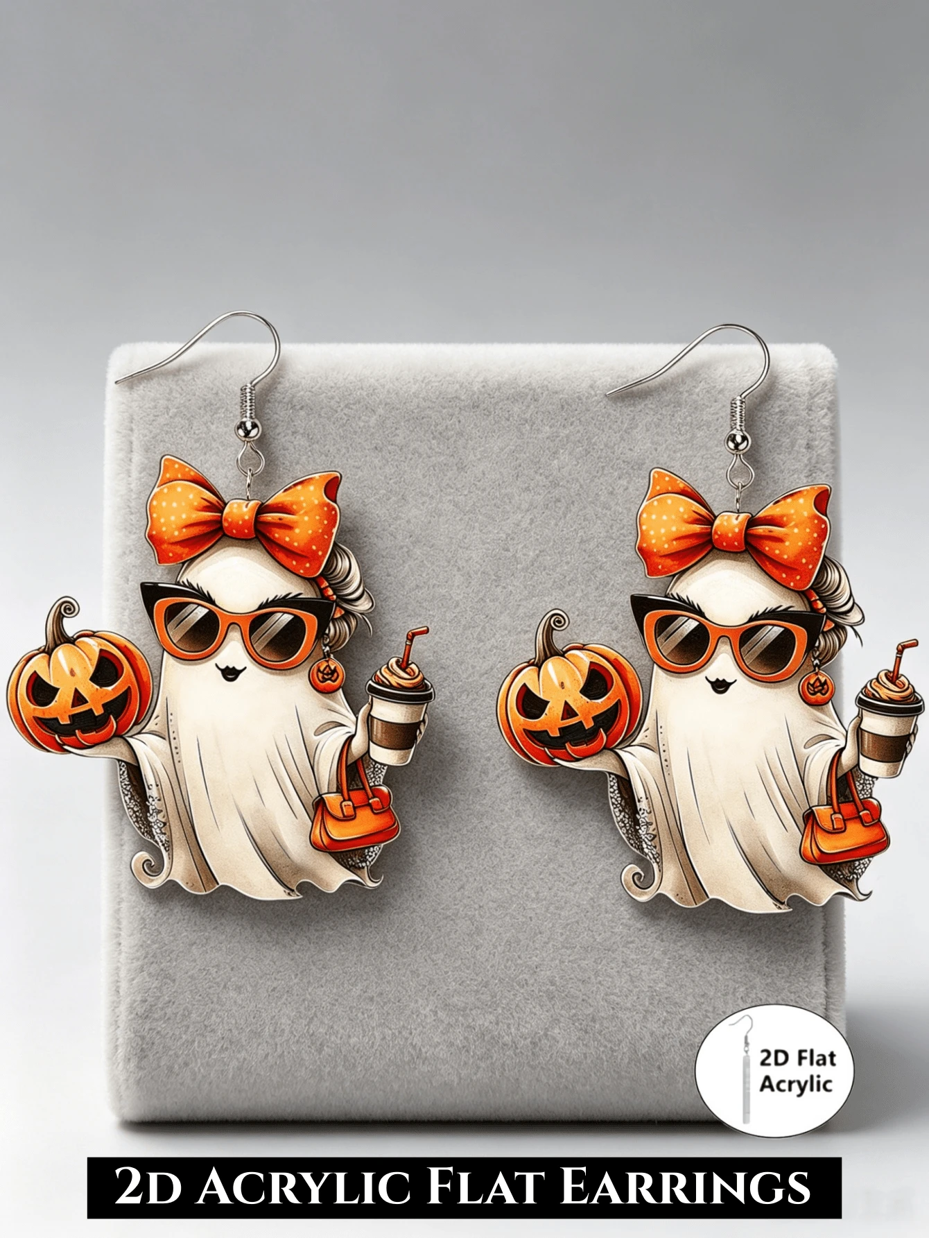 1pc 2D Orange Bowknot Acrylic Pendant Earrings, 2D Flat Design, Stainless Steel Earring Hooks, Suitable For Daily Wear And Parties, Suitable For Anniversary, Thanksgiving, Halloween, Christmas, All Seasons - Orange Bow Ghost - View 1