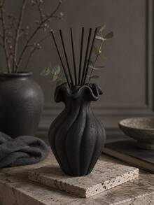 1pc Wabi Sabi Matte Black Ribbed Reed Diffuser Bottle, Ruffled Wave Rim Design, Minimalist Dried Flower Aroma Vessel, Living Room Table Neutral Home Decor Gift - Wabi-sabi Spiral Vase - View 11
