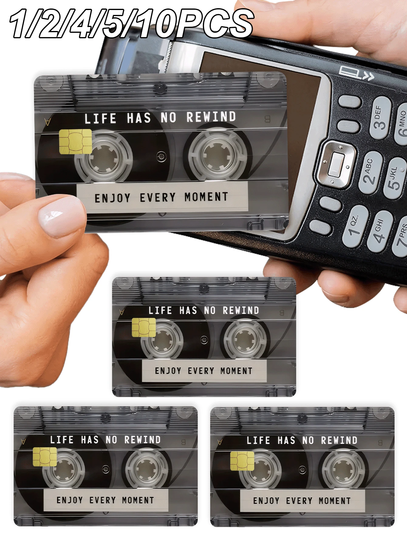 1/2/4/5/10件創意卡帶造型信用卡保護皮套，勵志語錄貼紙「LIFE HAS NO REWIND ENJOY EVERY MOMENT」，PVC材質，防指紋、耐用、防刮耐磨，適合男女使用，適用小晶片卡、銀行卡、信用卡、交通卡、學生校園卡，DIY - 彩色 - 查看 1