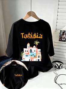 T-Shirt With Tunisian Pattern And Old City Illustration, 100% Cotton, Short Sleeves, Loose Fit, Retro Travel And Vacation Style, Macar Colors. - Black - View 9