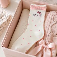 MINISO Sanrio 可愛 Hello Kitty 刺繡中筒襪，粉色波點與格紋飾邊，舒適日常基本款，返校季 - 樣式 3 - 查看 3