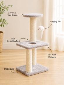 Torre de Gato Pequeña, Centro de Actividad para Gatitos de 3 Niveles de 16.5 Pulgadas con Poste de Rascado de Cuerda, Plataforma de Descanso de Felpa y Juguete Colgante, Adecuado para Gatitos y Gatos de Interior - Gris Claro - Ver 3