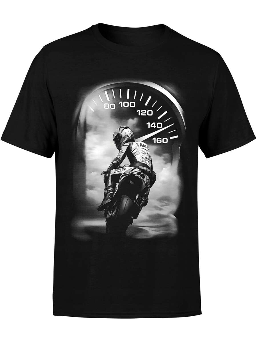 Camiseta Gráfica Vintage de Motociclismo para Hombre - Camiseta de Algodón Negra con Diseño de Velocímetro y Motociclista, Corte Holgado para Todas las Temporadas, Ropa Casual de Motociclism - Negro - Ver 1