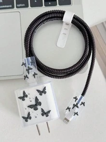 5pcs Painted Black Butterfly Design Phone Charger Set, Compatible With IPhone 18W/20W Charger, Charging Cable Protector, Charging Head Protector, Charger Accessories, Anti-Dirt, Prevent Cable Ends From Breaking - Black - View 3