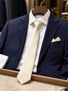 1条男士纯色可调节拉链领带，米色时尚细条纹百搭领带，适合商务聚会、日常约会和休闲穿着，配饰，父亲节礼物 - 米色 - 查看 1