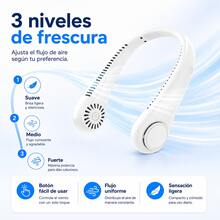 Ventilador manos libres colgante para el cuello, batería de larga duración recargable por USB, diseño compacto portátil disponible en azul, blanco y rosa, accesorio indispensable en verano para gym, hogar, escuela y salidas al exterior - Blanco - Ver 3