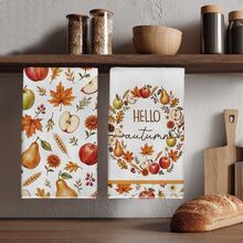 2 Stücke minimalistische Küchenhandtücher mit Herbst-Ernte-Apfel- & Ahornblatt-Muster, weiche Polyester-Geschirrtücher, geeignet für Küchendekoration, Küchenreinigung, Feiertagsparty-Dekoration, Küchen- & Badezimmerbedarf, Haushaltsartikel, Heimdekoration, Einweihungsgeschenk - Verschiedenfarbig - Übersicht 1