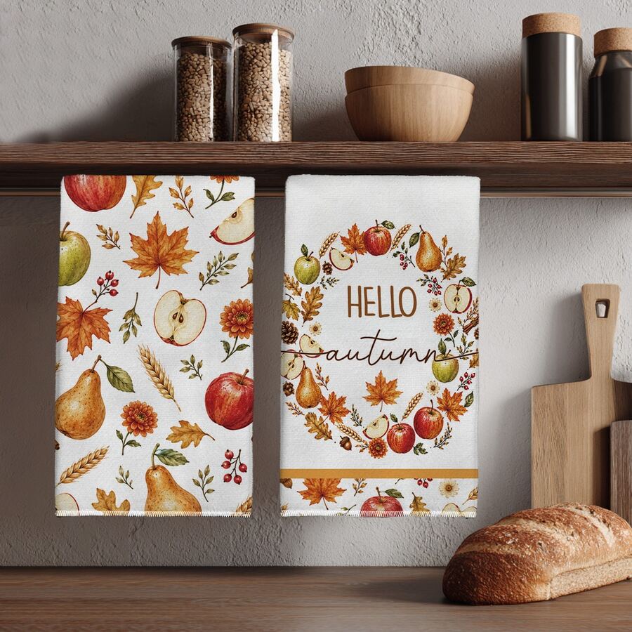 2 Stücke minimalistische Küchenhandtücher mit Herbst-Ernte-Apfel- & Ahornblatt-Muster, weiche Polyester-Geschirrtücher, geeignet für Küchendekoration, Küchenreinigung, Feiertagsparty-Dekoration, Küchen- & Badezimmerbedarf, Haushaltsartikel, Heimdekoration, Einweihungsgeschenk - Verschiedenfarbig - Übersicht 1