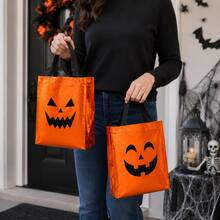 24pcs Halloween Orange Tote Bags 20x25cm Pumpkin & Ghost Face Mixed Design Day Of The Dead Holiday Party Candy Gift Packaging - Orange - View 4