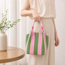 Personalized Crochet Knit Handbag Contrast Stripe Mini Tote Bag, Fashion Knitted Small Top Handle Purse, Handheld Bag For Daily Use, Travel, Shopping - Multicolor - View 6