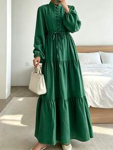 女款優雅純色鈕扣腰帶綁帶長袖燈籠袖拼接下擺長洋裝 秋季 - 祖母綠 - 查看 2