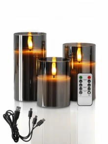 3 piezas de velas recargables sin llama con control remoto y temporizador, adecuadas para decoración del hogar, vacaciones, decoración de fiestas, bodas - gris - Ver 3