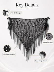 1pc Women's Sequin Fringe Hip Scarf, Sheer Mesh Tie Waist Cover-Up Skirt For Dance, Party, Festival & Outfit Layering - Multicolor - View 10