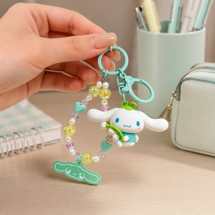 MINISO Sanrio Cinnamoroll 薄荷綠花朵串珠腕帶鑰匙圈,可愛角色迷你公仔包飾吊飾,附亮片珠飾手鍊、綠色夾扣掛鉤與角色吊牌,背包錢包配件,返校禮物 - 樣式 4 - 查看 1
