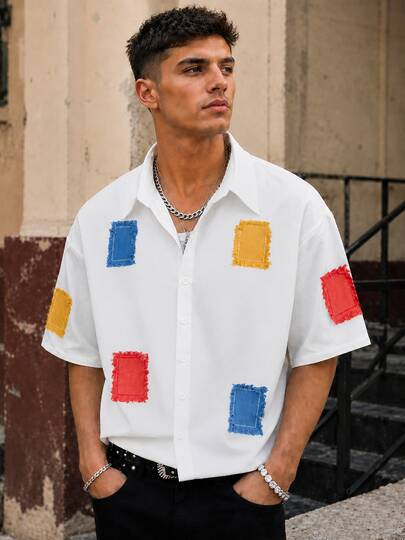 FRACTYR Men's Pure White Short Sleeve Shirt With Turn-Down Collar, Full Front And Back Colorful Frayed Square Patchwork Decor, Japanese Street Casual Button-Up Shirt, Soft Touch