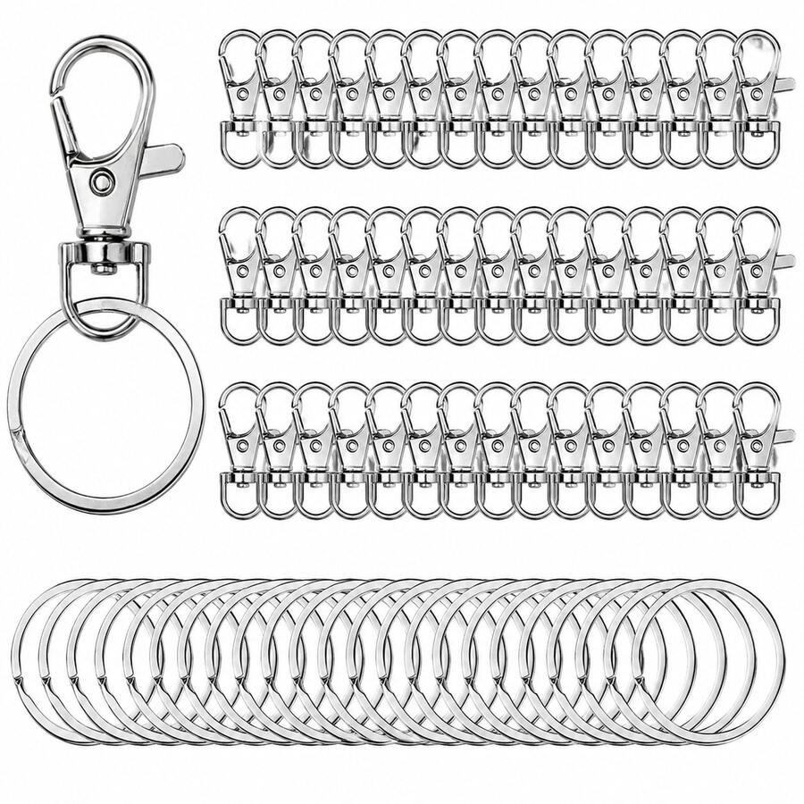20/40/60/100 piezas Anillos para llaveros con llaveros, clips para portallaves con anillos, para manualidades de joyería con cordón (10/20/30/50 piezas Ganchos de langosta de metal + 10/20/30/50 piezas Anillos partidos para llaves) - Plateado - Ver 1
