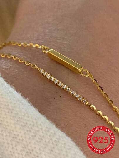 1pc S925 Sterling Silver Minimalist Ins Style Double Layer Straight Bar Bracelet, Gentle Niche Design, Versatile Commute Accessory, Daily Layering Exquisite Jewelry Gift For Women Anniversary
