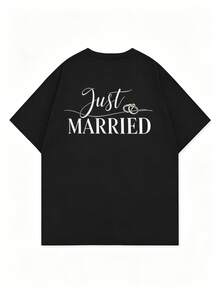 Grafik zeigt zwei ineinander verschlungene Ringe als Symbol ewiger Liebe und die Worte Just Married für frisch verm?hlte M?nner TShirt - Schwarz - Übersicht 3