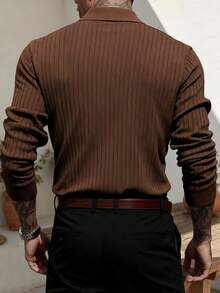 Camisa POLO de punto acanalado de manga larga, holgada y fina para hombres ALTZTAR, simple y de moda, adecuada para el uso diario en primavera y otoño - Café integral - Ver 2