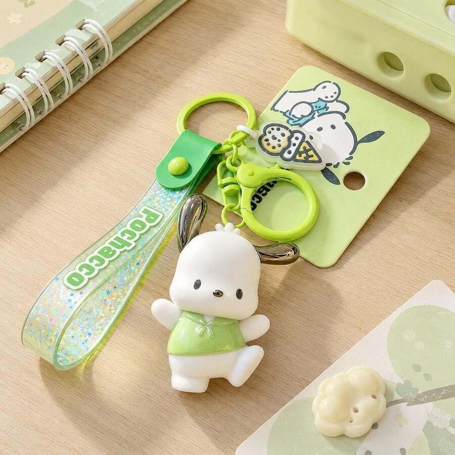 MINISO Sanrio Pochacco 綠色亮片掛繩鑰匙圈,可愛角色迷你公仔包飾吊飾,附 Pochacco 吊牌與綠色夾扣鉤,背包錢包配件,返校禮物 - 樣式 2 - 查看 1