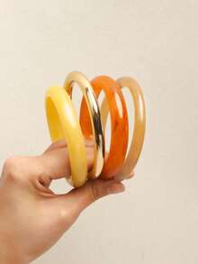 4pcs Vintage Resin Multi-Color Textured Acrylic Bracelets, Fashionable Versatile For Women's Daily Wear - Multicolor - View 1