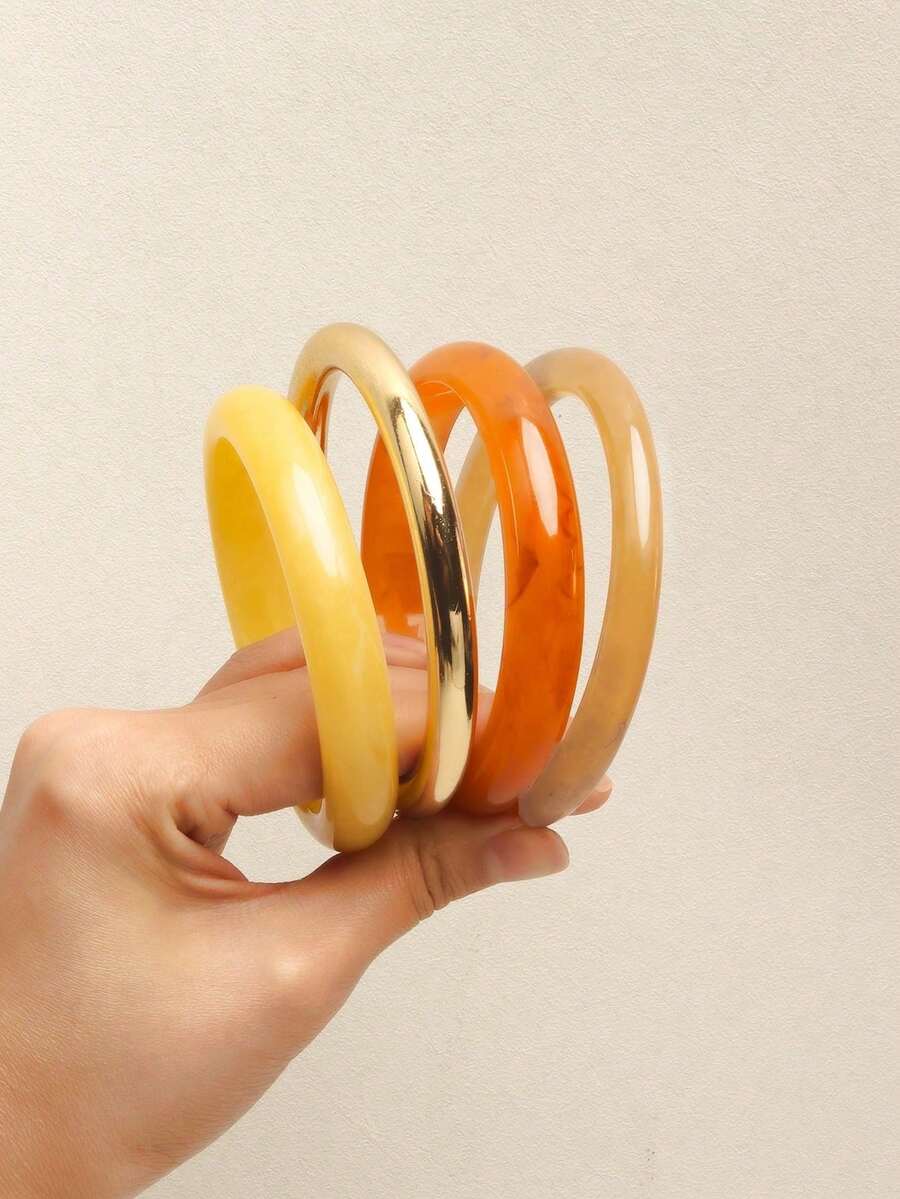 4pcs Vintage Resin Multi-Color Textured Acrylic Bracelets, Fashionable Versatile For Women's Daily Wear - Multicolor - View 1