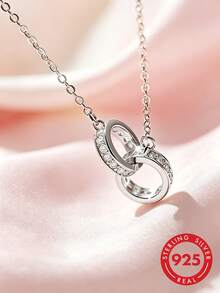 1pc S925 Sterling Silver Geometric Hollow Circle Necklace, Fashionable Light Luxury Personalized Exquisite Korean Minimalist Ins Cold Style Interlocking Design Niche Clavicle Chain, Suitable For Daily Casual Wear, Versatile Elegant Neck Accessory Gift - Ring - View 8