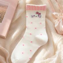 MINISO Sanrio 可愛 Hello Kitty 刺繡中筒襪，粉色波點與格紋飾邊，舒適日常基本款，返校季 - 樣式 3 - 查看 5