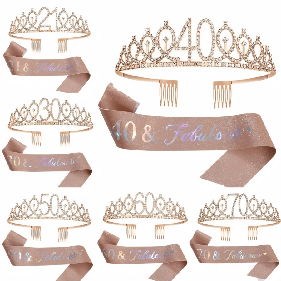 Juego de 2 piezas, 21º, 30º, 40º, 50º, 60º, 70º Cumpleaños Banda Corona Tocado, para Mujeres, Banda de Feliz Cumpleaños, 21º, 30º, 40º, 50º, 60º, 70º Regalos y Decoraciones para Fiesta de Cumpleaños - Multicolor - Ver 1