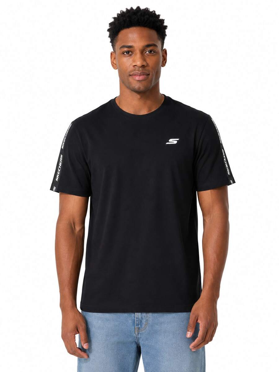 Skechers Serie de colores lisos | Camiseta de manga corta con cuello redondo, cómoda, resistente a las arrugas y versátil, ideal para los desplazamientos diarios del hombre. - Negro - Ver 1