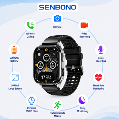 SENBONO 2026 New Smart Watch With Camera, Dynamic Watch Faces, Wireless Call, Music Player, Weather, Heart Rate/Sleep Monitoring, Calculator, Pedometer, Message Reminder Smartwatch