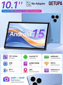 Qetupa 10.1 Inch Android 15 Tablet, 4GB RAM + 64GB ROM, RK3562 Quad-Core Processor, WiFi Support, 1280 X 800 HD Display, 6000mAh Battery, 5MP + 13MP Dual Camera, Stereo Speakers, Fashion Design, Durable - Blue - View 1