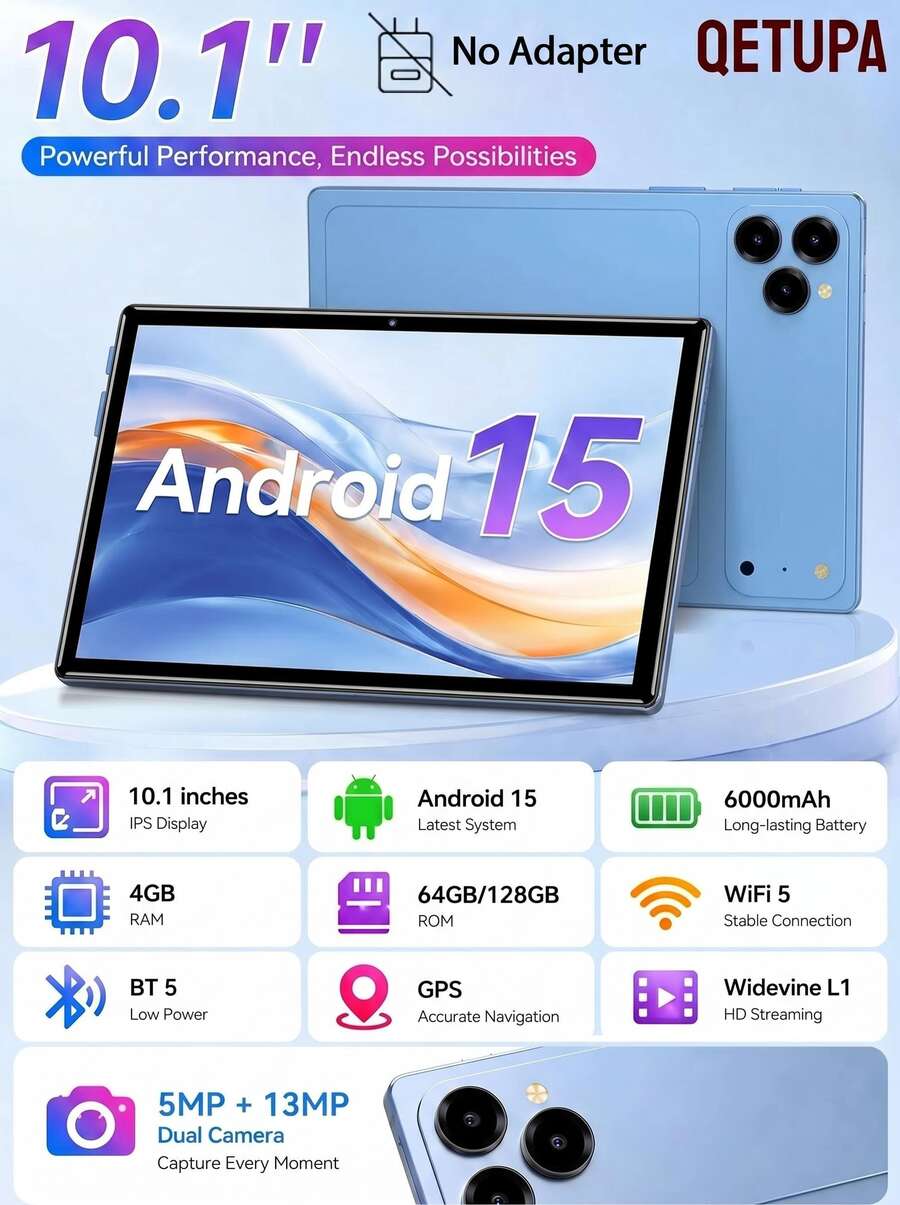 Qetupa 10.1 Inch Android 15 Tablet, 4GB RAM + 64GB ROM, RK3562 Quad-Core Processor, WiFi Support, 1280 X 800 HD Display, 6000mAh Battery, 5MP + 13MP Dual Camera, Stereo Speakers, Fashion Design, Durable - Blue - View 1