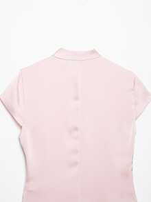 Mellowy Spring/Autumn New Women's European And American Style Fashion Minimalist Side Button Decor Satin Top Pink Summer - Pink - View 7