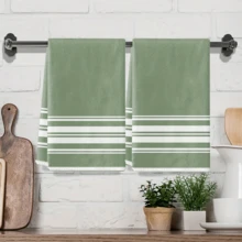 2pcs White & Green Striped Kitchen Towels, Soft Absorbent Household Kitchen Cleaning Cloth, Machine Washable, Reusable, Housewarming Home Decor Gift, Kitchen Accessories - Green - View 8