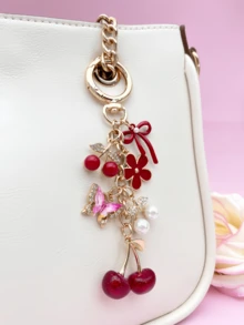 1pc/2pcs, Charming Pink Glitter Cherry Butterfly Pendant Bag Charm, Women's Handbag/Backpack/Shoulder Bag Accessory, Women's Travel Essential Keychain, Car Accessory, Room Decor, Back To School Fun Gift For Friends - Multicolor - View 3