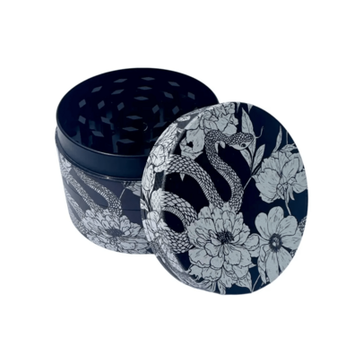 1pc 50mm Black Base Floral Snake Pattern Grinder, 4-Layer Detachable Filter Screen Powder Storage Chamber, Black & White Sketch Floral Niche Desktop Fine Grinding Tool, Smoking Accessory