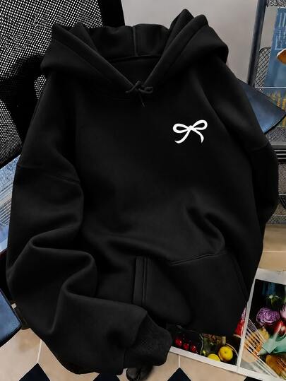 Moletom Casual Feminino de Manga Longa com Bolso e Estampa de Laço Fofa e Versátil