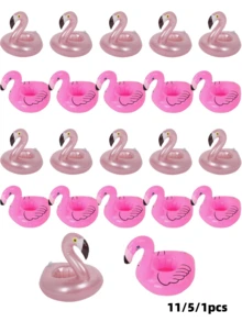 1/5/11pcs Pool Float, Flamingo Inflatable Drink Holder Wholesale, Flamingo Float, Inflatable Cup Holder And Flamingo Cup Holder. Perfect For Hawaiian Theme Party, Birthday, Wedding, Beach And Pool Party Decoration. - Multicolor - View 3