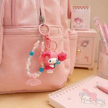 MINISO Sanrio My Melody 粉色花朵串珠腕帶鑰匙圈，可愛角色迷你公仔包飾吊飾，附亮片珠飾手鍊、粉色夾扣鉤與角色吊牌，背包手提包配件，開學季禮物 - 樣式 1 - 查看 3