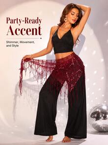1pc Women's Sequin Fringe Hip Scarf, Sheer Mesh Tie Waist Cover-Up Skirt For Dance, Party, Festival & Outfit Layering - Multicolor - View 2