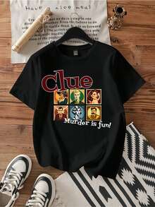 Cluedo-Klassiker-Mystery-Brettspiel, sechs Charaktere, Retro-Cartoon-Porträt-Raster-T-Shirt, lustiger Vintage-Kultfilm, Unisex, lockere Baumwolle, Horror-F - Schwarz - Übersicht 1