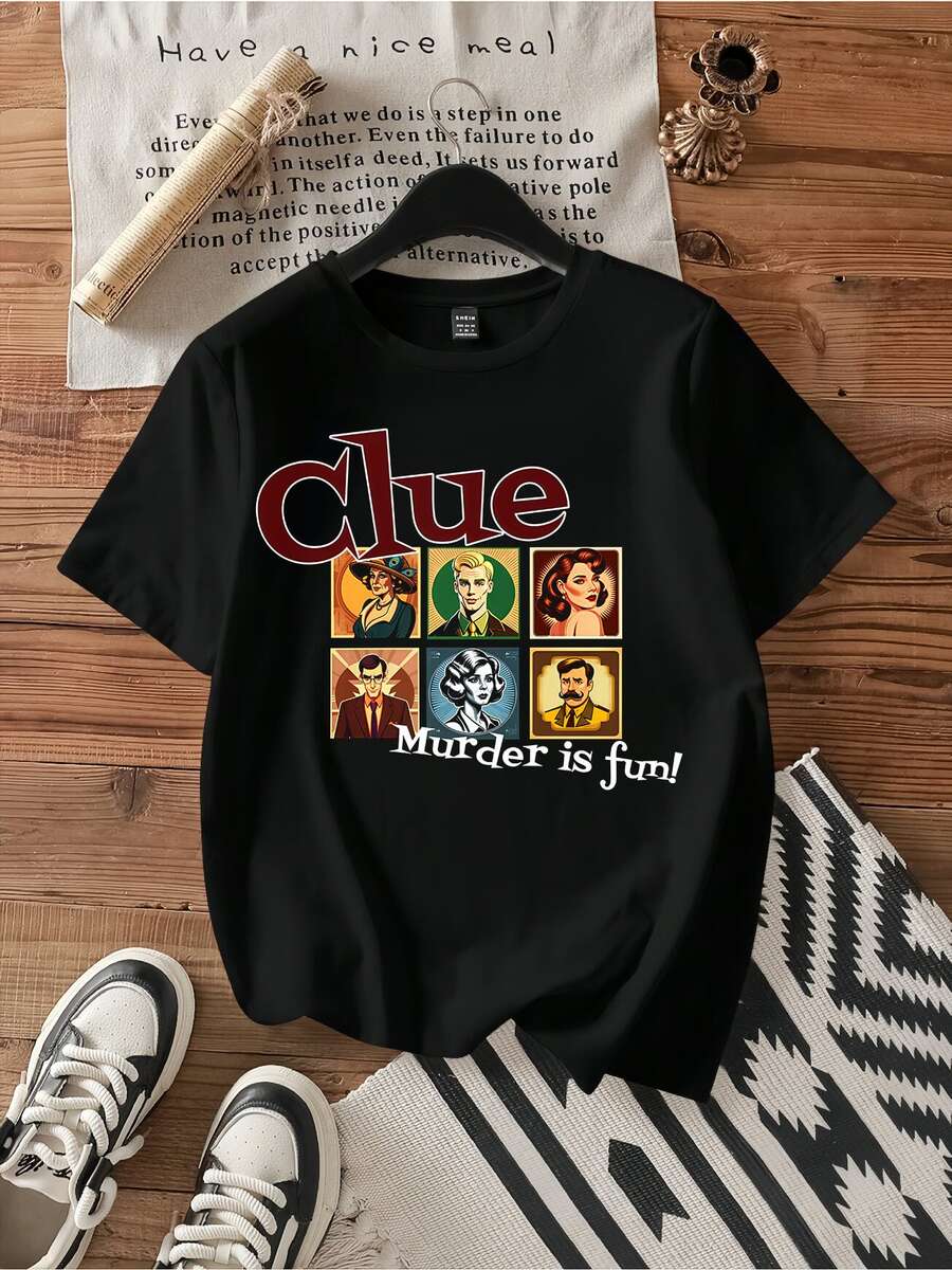 Cluedo-Klassiker-Mystery-Brettspiel, sechs Charaktere, Retro-Cartoon-Porträt-Raster-T-Shirt, lustiger Vintage-Kultfilm, Unisex, lockere Baumwolle, Horror-F - Schwarz - Übersicht 1