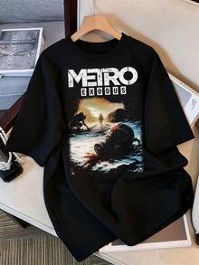 Vintage-T-Shirt mit Grafikprint des Filmplakats von "Metro Exodus" und der Gasmaske "Red Star" für Damen und Herren, Retro-Stil, Horror-Ruinen-Flair, Y2K, Kurzarm. - Schwarz - Übersicht 1