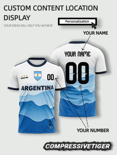 Blue And White Gradient Wave Argentina Football Jersey, Chest Printed With ARGENTINA And Three-Star Team Logo, Customizable Name And Number, Lightweight Moisture-Wicking Fabric For Sports And Casual Wear, Men's Custom Training Sports Outfit, Summer Beach Wear