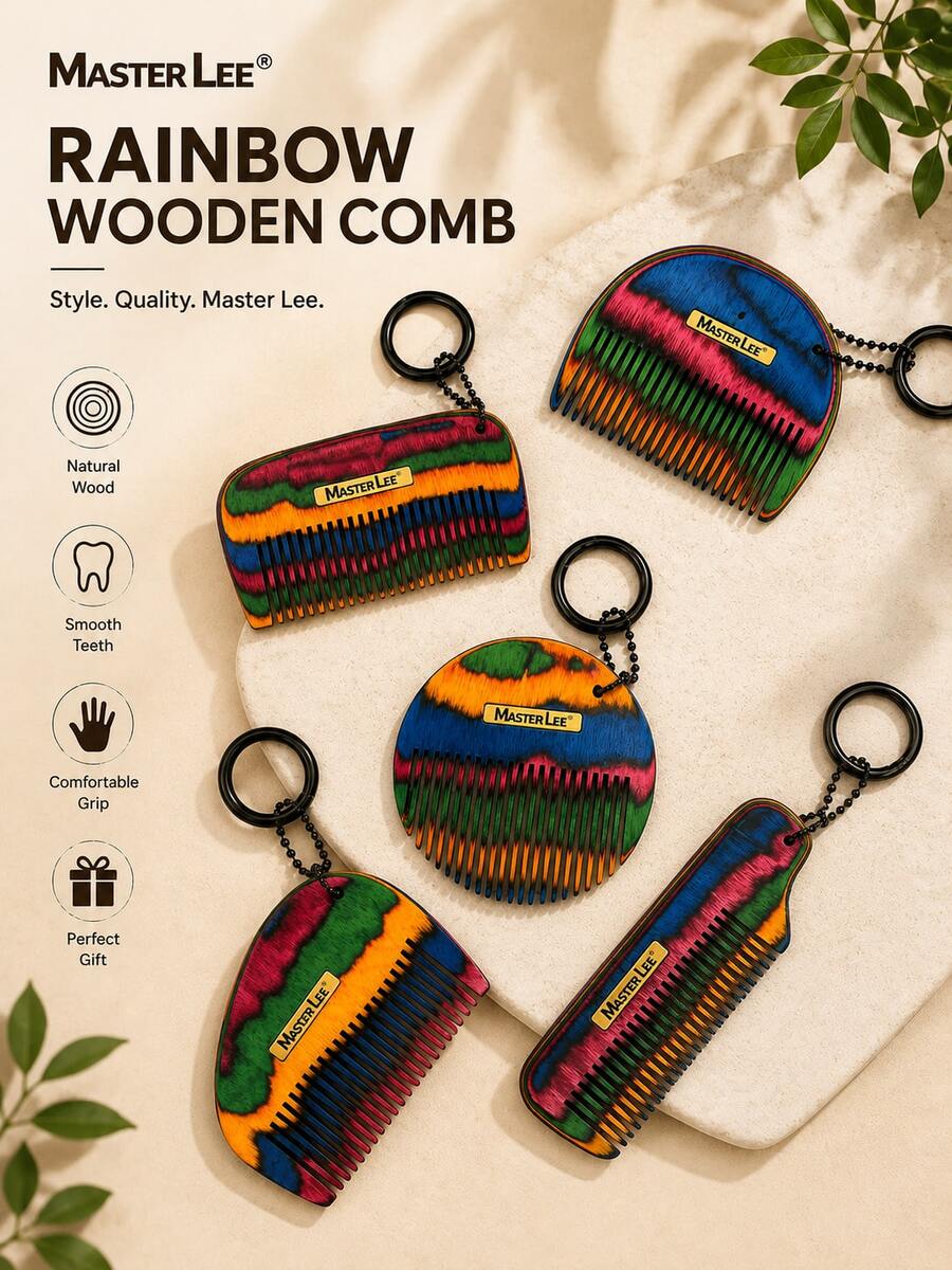MASTERLEE 1pc, Iridescent Portable Colorful Peach Wood Flat Comb, Mini Small Size With Hanging Ring For Carrying On Bag, Non-Damaging Rounded Teeth, Head Massage Comb, Birthday Gift, Christmas Gift, Suitable As A Gift - Multicolor - View 1