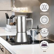 Brushed Stainless Steel Moka Pot, 304 Stainless Steel Stovetop Espresso Maker, Induction Compatible Coffee Maker For Gas, Electric & Ceramic Cooktops, 200ml/300ml/500ml - Silver - View 4