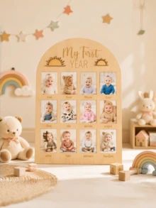 My First Year Photo Display Board, Bohemian Sun Pattern, Baby First Year Photo Frame Milestone Board, Baby Keepsake, Birthday Nursery Decor, Unisex For Boys And Girls - Milestone - View 1