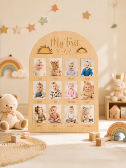 My First Year Photo Display Board, Bohemian Sun Pattern, Baby First Year Photo Frame Milestone Board, Baby Keepsake, Birthday Nursery Decor, Unisex For Boys And Girls