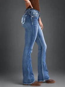 New Embroidered Slim Fit Washed Women's Jeans - Navy Blue - View 3
